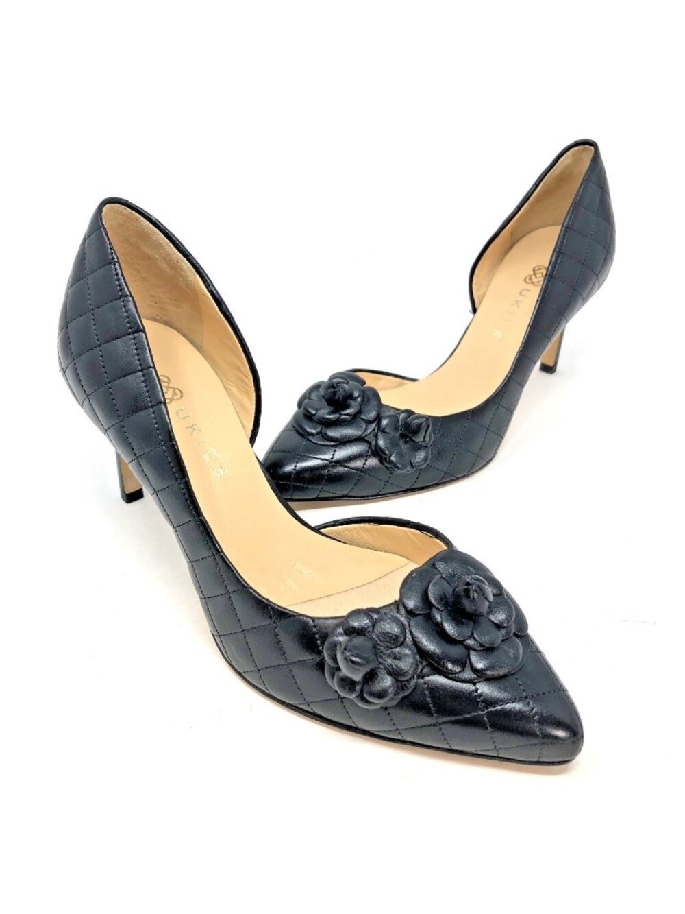Ukies Shoes Womens 39 US 8.5 Black Leather Quilted Flower Dorsay High Heel Pumps